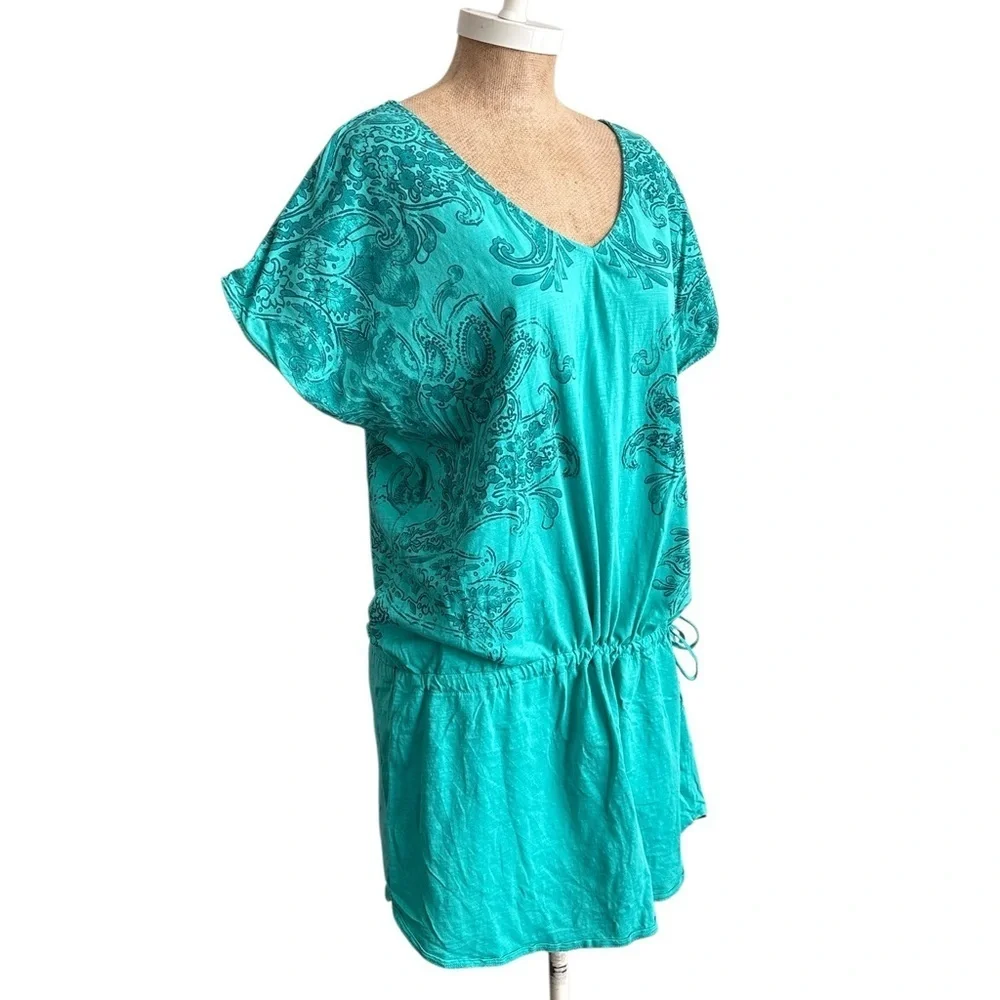 PrAna Teal Paisley Organic Cotton Drawstring Tunic Dress | XL | Boho Beach